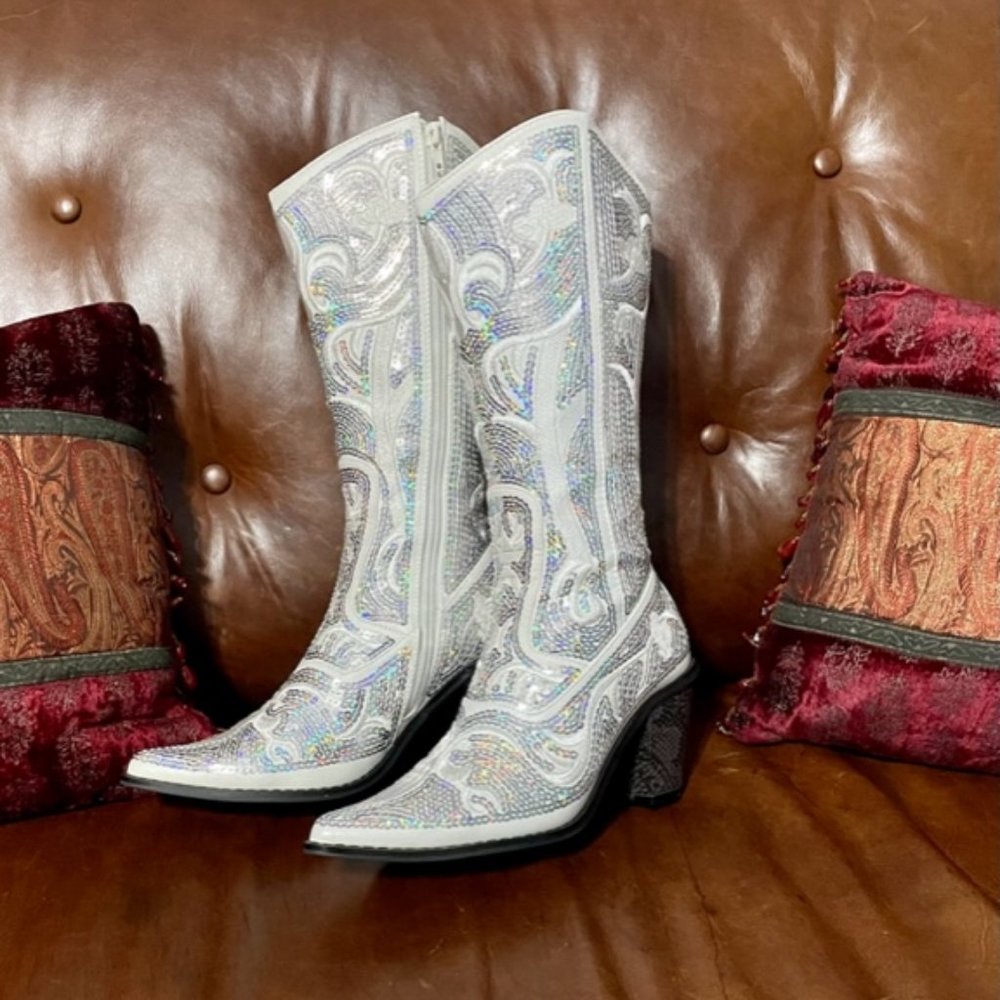 Helen's Heart Fashion Boots, White Sequin, Size 6